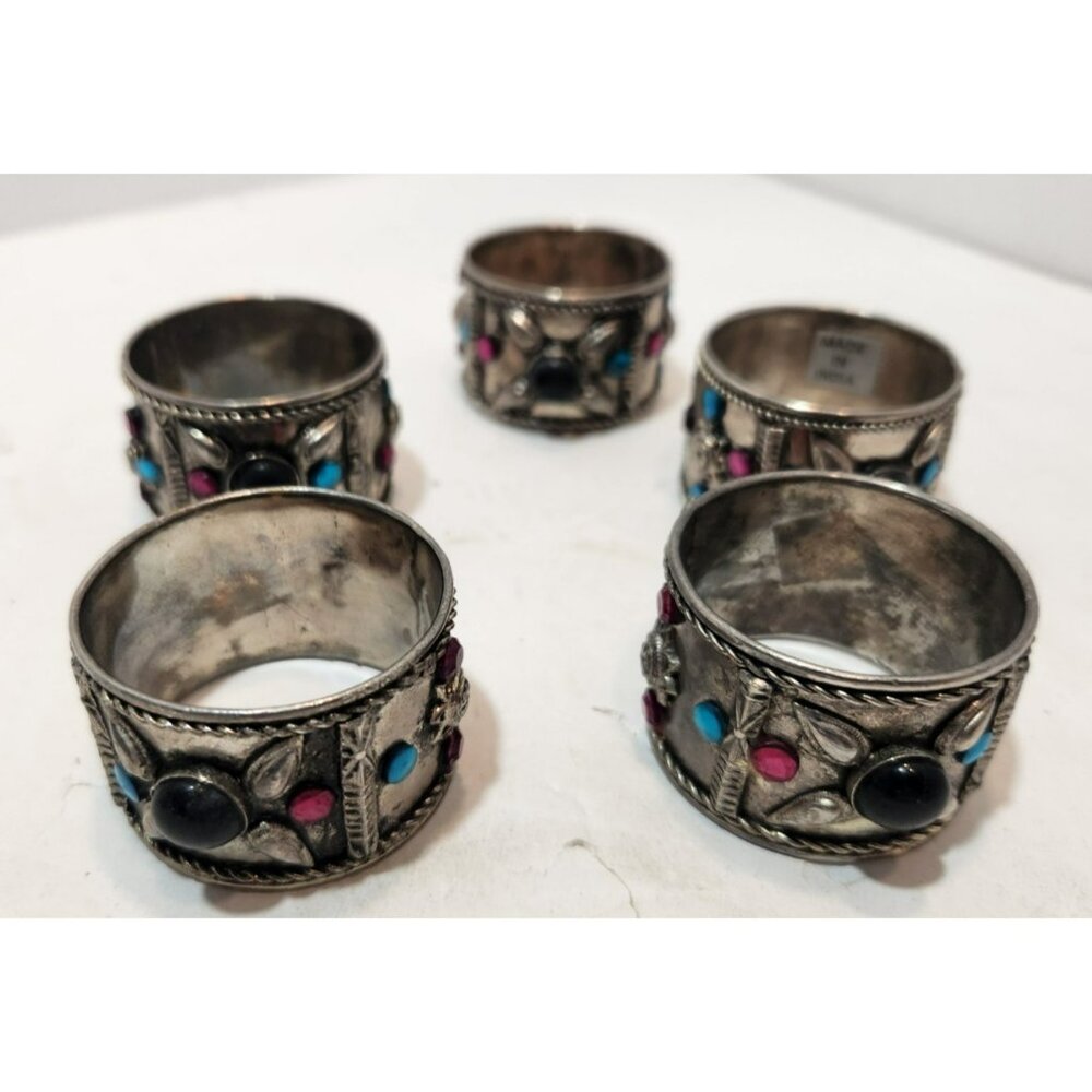 Vtg Silver Tone w/ Colorful Stones Made In India Napkin Rings Set Of 5